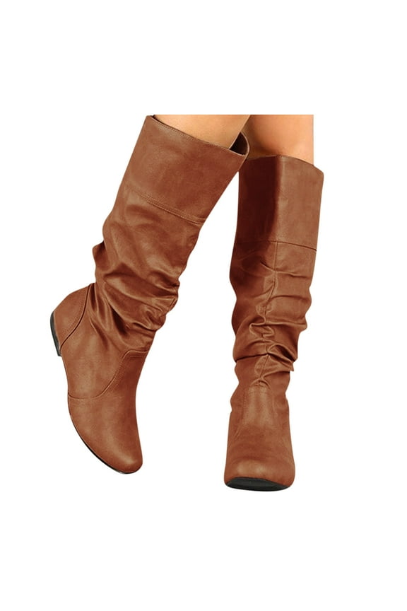 Women's Slouchy Knee High Boots Casual Wide Calf Pull on Flat Boot Ladies Round Toe Westerm Riding Fall Booties Brown 10