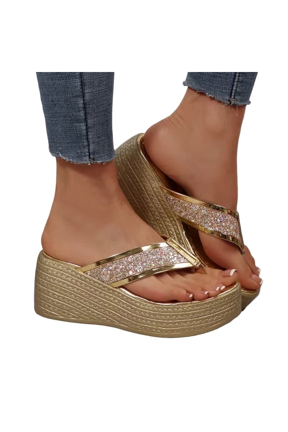 Women's Sparkly Platform Sandals with Arch Support Slip on Wedge Slides 2026 High Top Summer Beach Flip Flops 9.5 Gold