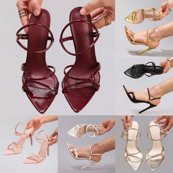 Modisza Women's Stiletto Heel Sandals Strappy Leather Ankle Strap Party Sandal Summer Pointed Toe Dressy Wedding Heels Black Size 5.5
