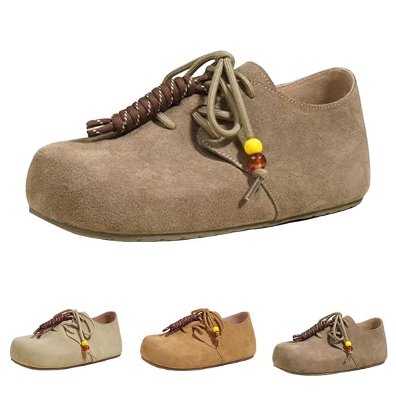 Modisza Women's Suede Loafers Wide Round Toe Comfortable Walking Shoes Ladies and Students Fall Trendy Lace Up Work Falt Shoe Beige Size 4.5