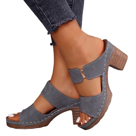 Modisza Women's Two Strap Heeled Sandals Open Toe Low Chunky Heels Slip on Slides Summer Dress Pumps Orthopedic Wedge Slide Shoes Grey 9