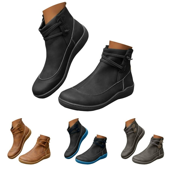 Modisza Women's Vintage Ankle Boots Low Heel Casual Slip on Flats Shoes Arch Support Fall Winter Work Short Booties Black 6