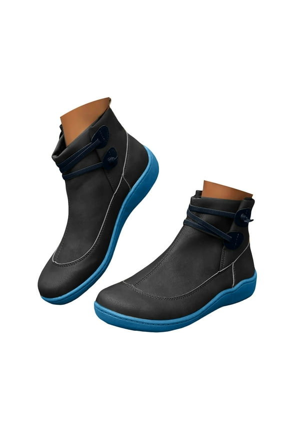 Women's Vintage Ankle Boots Low Heel Casual Slip on Flats Shoes Arch Support Fall Winter Work Short Booties Blue 7