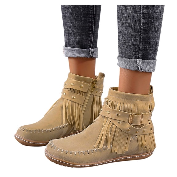 Modisza Women's Western Cowboy Boots Vintage Fringe Tassel Suede Ankle Booties Retro Slip On Dress Walking Flats Shoes Beige 9