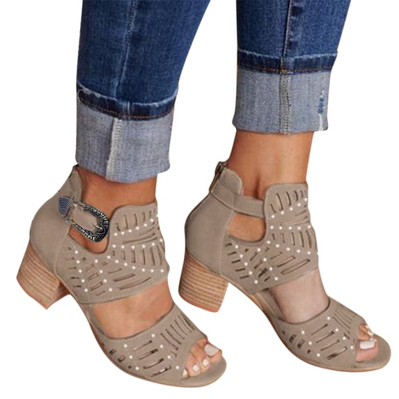 Modisza Women's Zipper Booties Chunky Heel Ankle Boots Buckles Sandals Hollow Out Breathable Summer Walking Shoes Brown 8.5