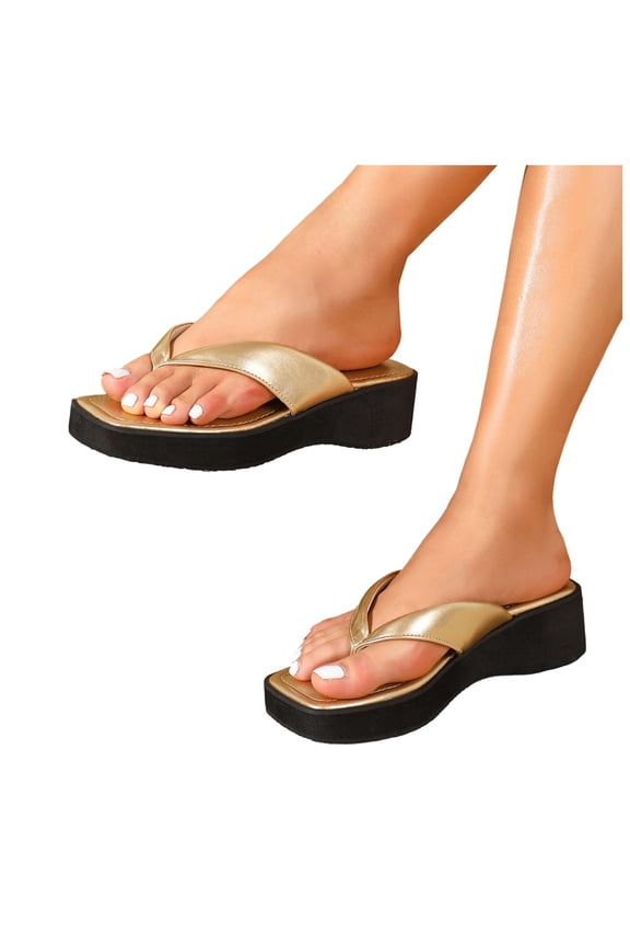 Womens Arch Support Wedge Flip Flops Square Toe Rubber Platform Thong Sandals Ladies Comfortable Walking Slide Shoes Size 7 Gold