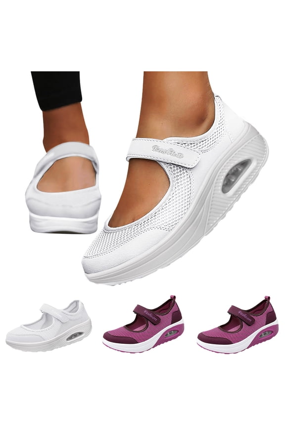 Womens Breathable Walking Shoes Granny Mary Jane Flat Sneakers Summer Outdoor Memory Foam Low Wedge Shoe for Sports 8 Pink