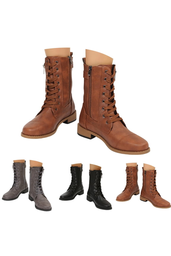 Womens Combat Ankle Boots Lace up Leather Military Short Booties Side Zipper Lug Sole Winter Riding Shoes Black 7