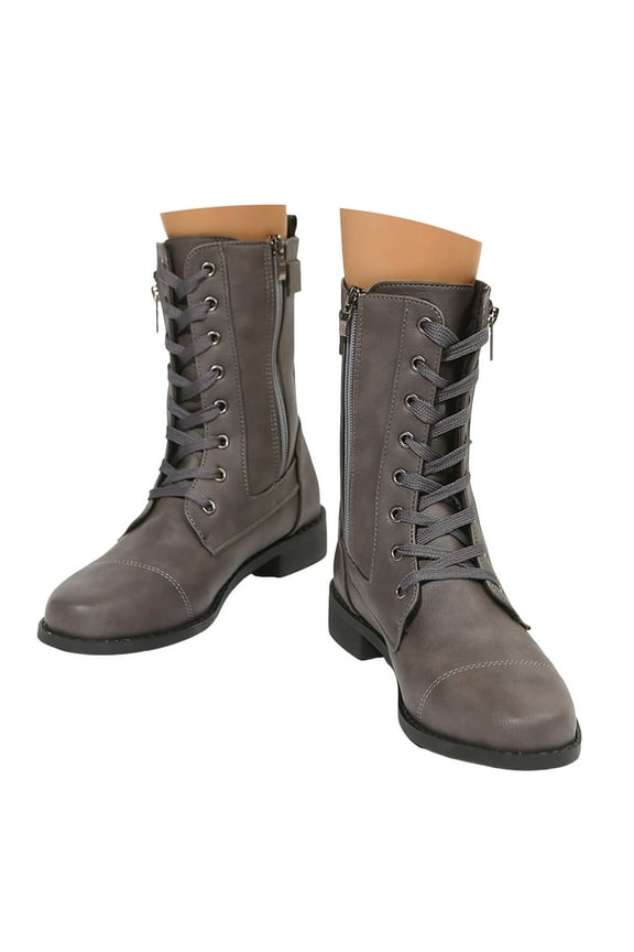 Womens Combat Ankle Boots Lace up Leather Military Short Booties Side Zipper Lug Sole Winter Riding Shoes Grey 7