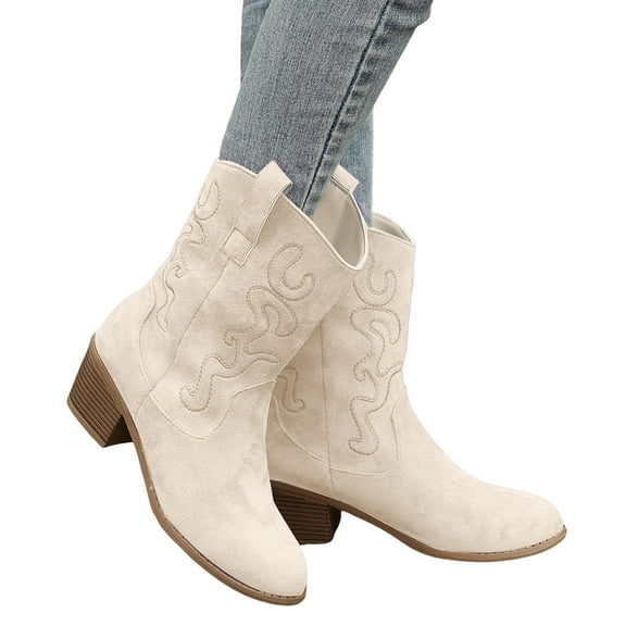 Modisza Womens Cowboy Boots Mid Calf Cowgirl Western Booties Suede Chunky Heel Winter Dress Riding Country Shoes White 7.5