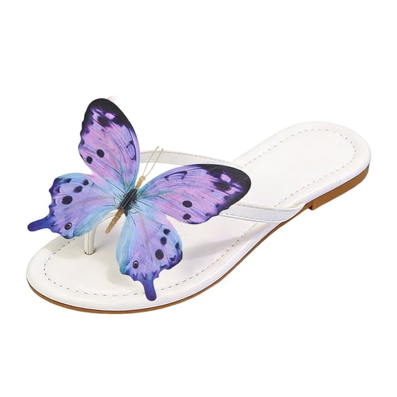 Modisza Womens Cute Butterfly Flat Sandals Summer Trendy Flip Flops Ladies Beach Walking Slip on Slides for Travel Purple Size 6.5