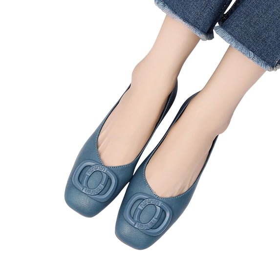 Modisza Womens Flat Shoes Square Toe Leather Walking Slides Low Block Heel Dressy Shoes 2026 Slip on Summer Work Loafer Blue Size 5.5