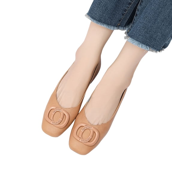 Modisza Womens Flat Shoes Square Toe Leather Walking Slides Low Block Heel Dressy Shoes 2026 Slip on Summer Work Loafer Brown Size 6