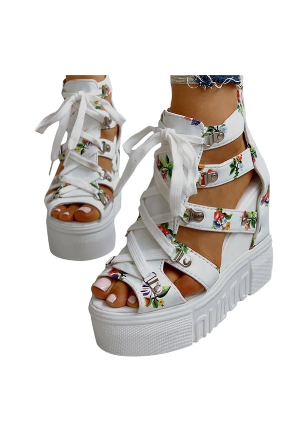 Womens Floral Wedge Platform Sandals Gladiators Open Toe Chunky Wedge Shoes Lace Up Back Zipper Summer Sandal White Size 9