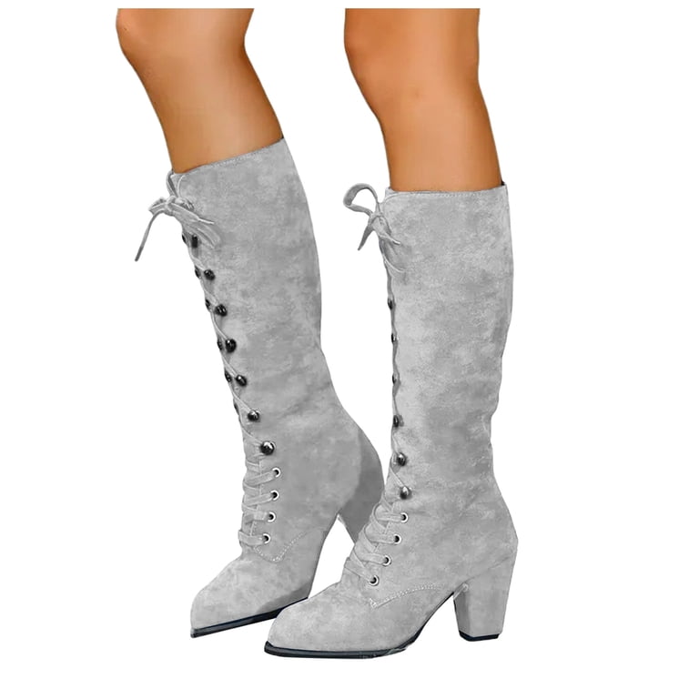 grey dress boots for women Modisza Womens Knee High Boots Suede Chunky Heel Lace up Riding Boot Lug  Sole Western Winter Dress Tall Boots Grey 8.5