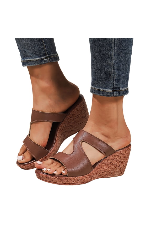 Womens Leather Wedge Slides Summer Cork Footbed Non Slip Sandals Ladies High Wedges Casual Shoes for Vacation 8 Brown