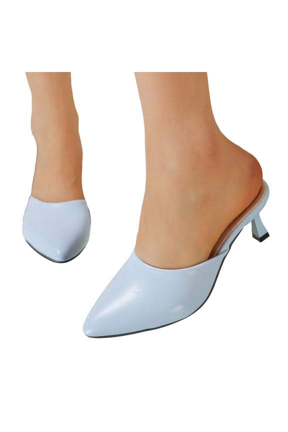 Womens Low Heels Pointed Closed Toe Leather Mules Slip on Backless Work Dress Shoes Ladies Trendy Summer Pumps Blue size 6.5
