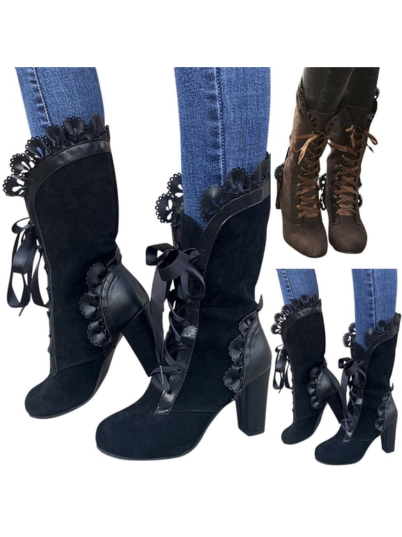 Womens Mid Calf Boots Suede Lace up Victorian Western Booties Round Toe Vintage Dress Pump Boots Black 7.5
