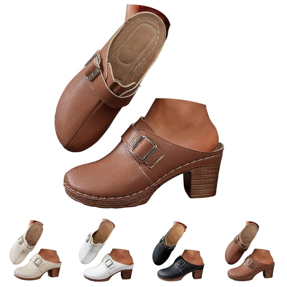 Modisza Womens Mules Closed Round Toe Chunky Heel Slip on Sandals Ladies Summer Leather Wedge Slide Shoes for Outdoor Beige 6