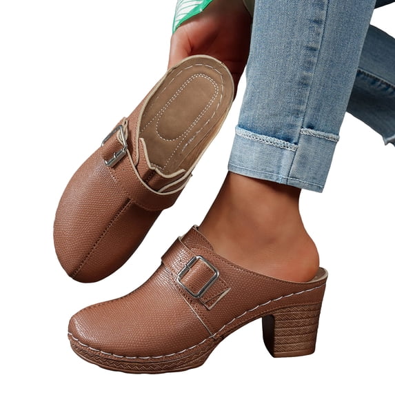 Modisza Womens Mules Closed Round Toe Chunky Heel Slip on Sandals Ladies Summer Leather Wedge Slide Shoes for Outdoor Brown 8