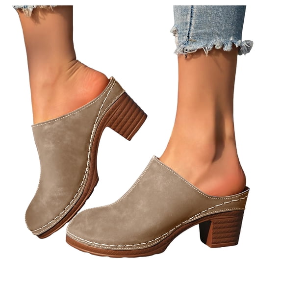 Modisza Womens Mules Pumps Summer Closed Toe Slip on Sandals Chunky Block Heel Backless Slide Shoes with Arch Support Brown 7.5