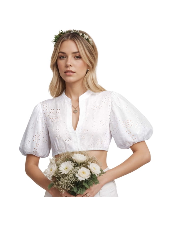 Womens Oktoberfest Crop Tops Puff Short Sleeves Cutout Breathable Shirt Ladies Summer Dress Blouse for Travel White L