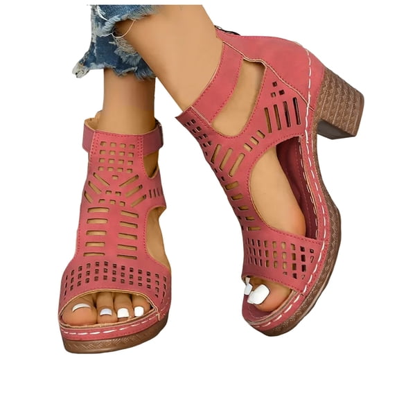 Modisza Womens Open Toe Ankle Booties Chunky Heels Cutout Back Zipper Sandals Adjustable Ankle Strap Dress Sandal for Summer Red 9