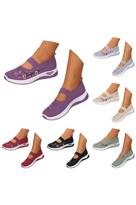 Womens Orthopedic Walking Shoes Embroidery Floral Slip on Loafers Breathable Arch Support Flats Shoes Beige 5.5