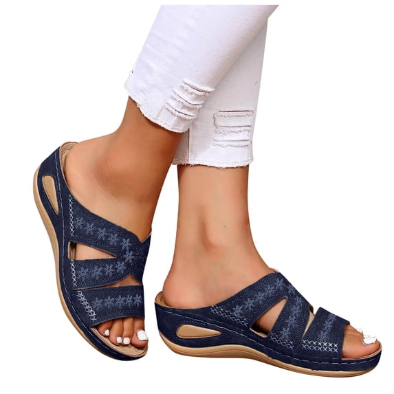 Modisza Womens Orthopedic Wedge Sandals Summer Dressy Rubber Sole Slip on Ladies Casual Comfortable Walking Slippers Shoes Blue 7
