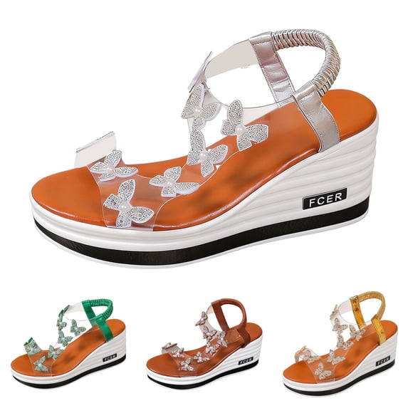 Modisza Womens Rhinestone Wedge Sandals Sparkly Butterfly Dressy Slides Platform Slip on Party Shoes with Elastic Ankle Strap Brown size 6