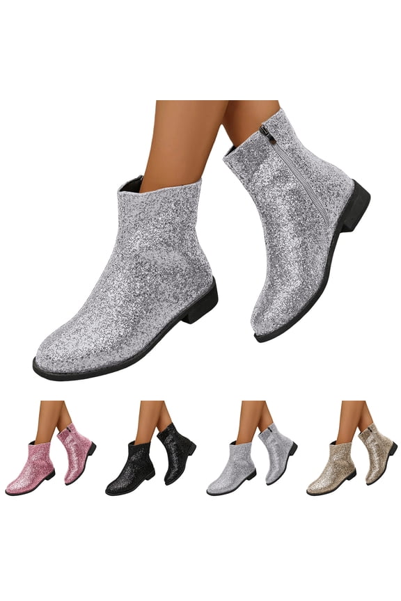 Womens Sequin Ankle Boots Rhinestone Sparkly Glitter Sock Booties Low Heel Fall Winter Dress Walking Shoes Black 6.5