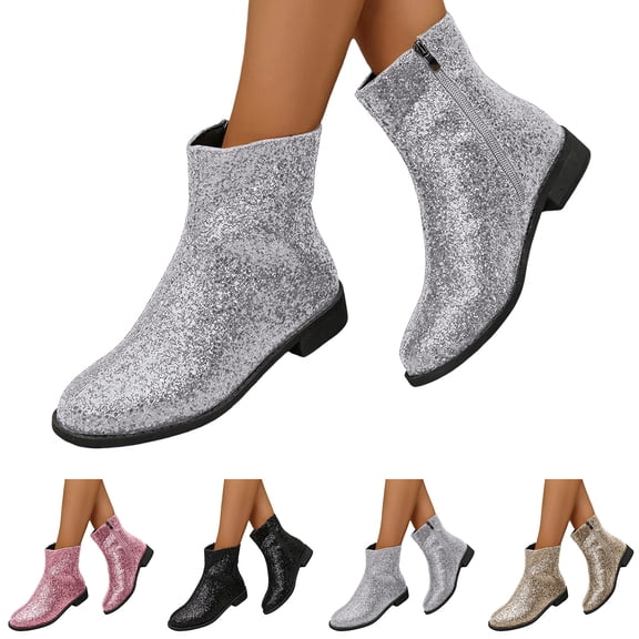 Modisza Womens Sequin Ankle Boots Rhinestone Sparkly Glitter Sock Booties Low Heel Fall Winter Dress Walking Shoes Black 8.5