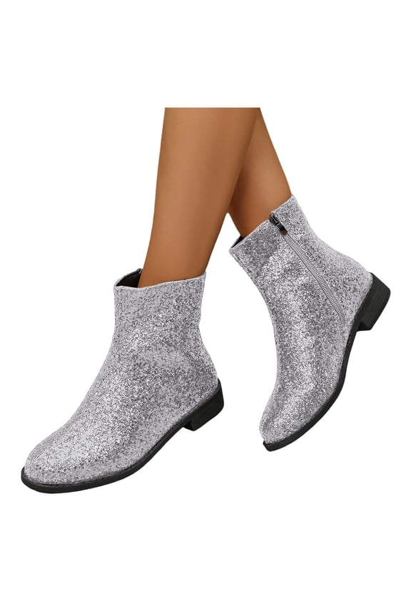 Womens Sequin Ankle Boots Rhinestone Sparkly Glitter Sock Booties Low Heel Fall Winter Dress Walking Shoes Silver 8.5