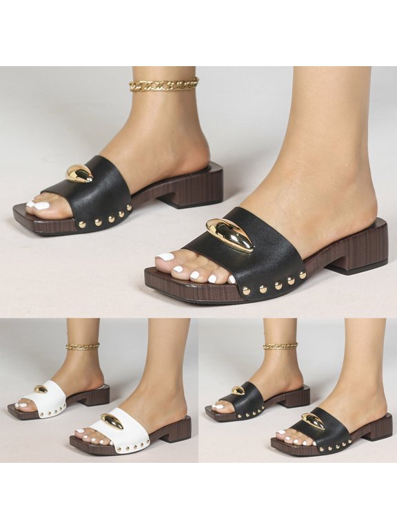 Womens Slip on Walking Slippers Square Toe Cork Footbed Falt Sandals Summer Indoor Trendy Shoes Low Heel Dressy Slides Black Size 8