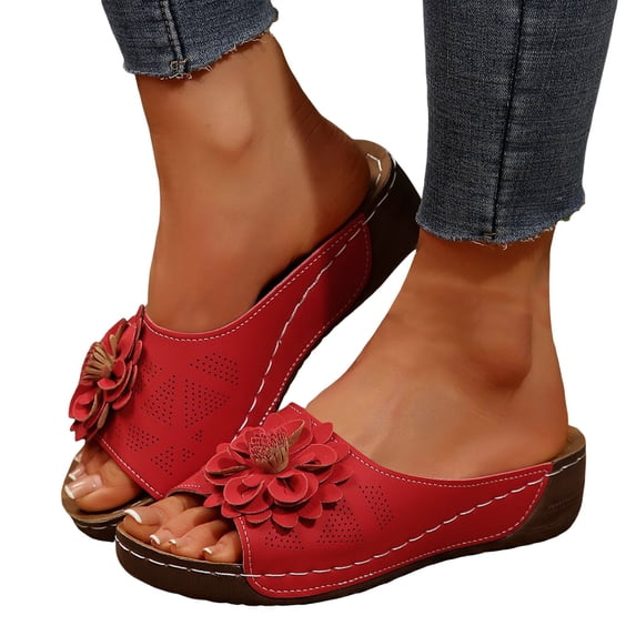 Modisza Womens Summer Beach Sandals Low Wedge Flower Open Toe Slides Ladies Dressy Platform Comfortable Slipper Shoes Red 9