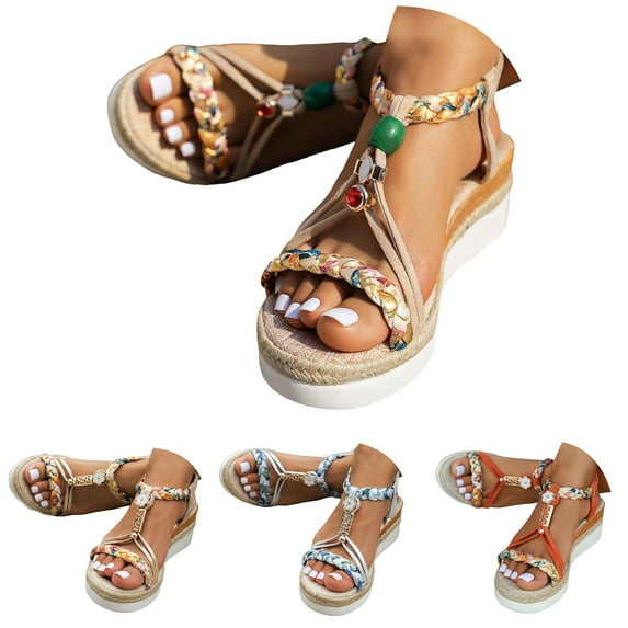 Modisza Womens Wedge Sandals Arch Support Summer Beach Bohemia Walking Sandal Shoes Ladies Flat Slip on Slides with Ankle Strap Beige 6.5