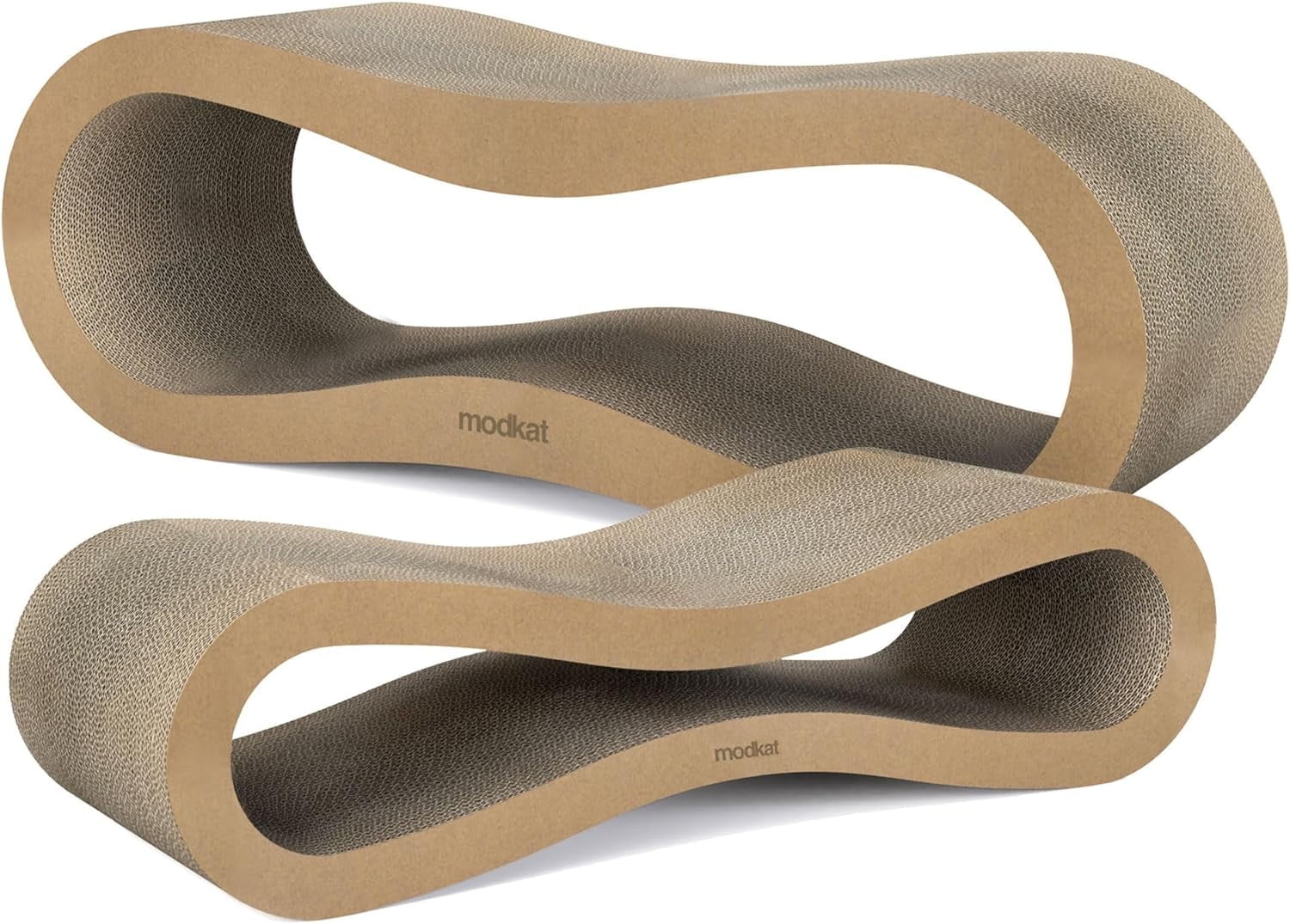 Modkat® 2 Cat Scratcher Set. Large (30L X 10.6H in.) and Small (26.6L X 7H in.) Sizes. Scratch, Play Lounge. High-Grade Cardboard, 100% Recyclable, Reversible.