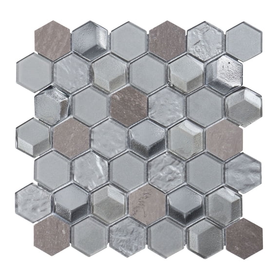 Modket Hexagon Gray Marble Metallic Gray Silver Insert 3D Glass Mosaic Tile Backsplash