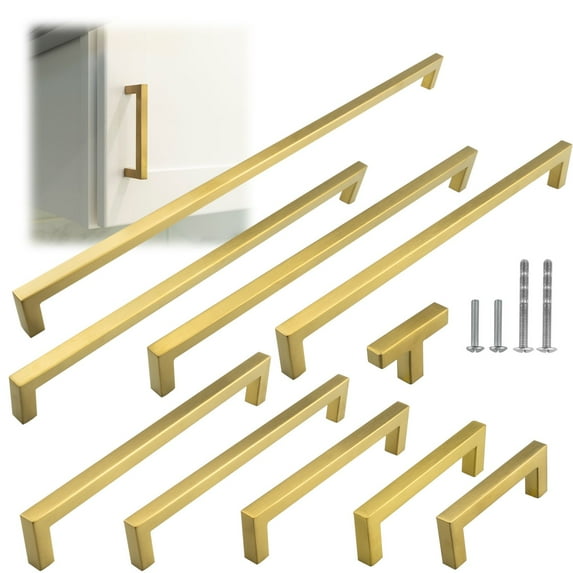 Modket M1603 Modern Euro Square Cabinet Handle 304 Stainless Steel — 3-3/8" Overall Length, 3" (76mm) Hole Centers, Brushed Satin Brass Gold— 5-Packs