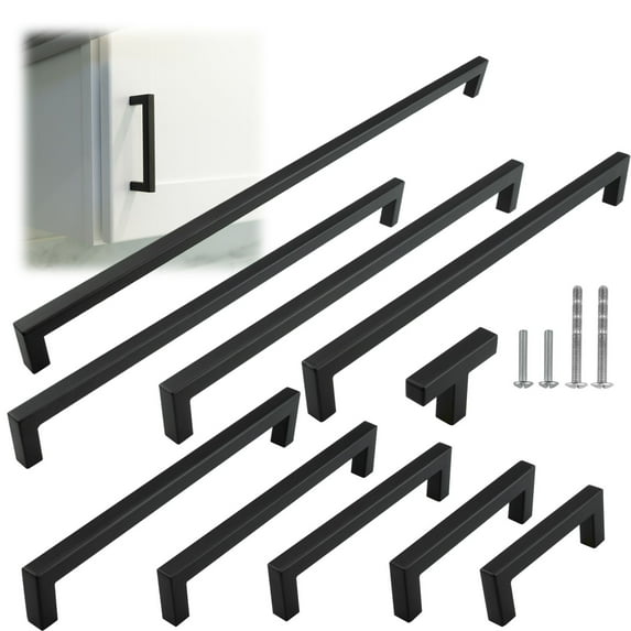 Modket M1603 Modern Euro Square Cabinet Handle 304 Stainless Steel — 8" Overall Length, 7-1/2" (192mm) Hole Centers, Matte Black— 20-Packs