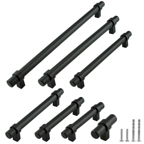 Modket M1608 Modern Euro Bar Cabinet Handle 304 Stainless Steel — 9-1/8" Overall Length, 9-1/8" (192mm) Hole Centers, Matte Black— 25-Packs