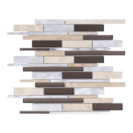 Modket TDH435AL Beige Brown Travertine Stone Glass Aluminum Metallic Mosaic Tile Wall Backsplash