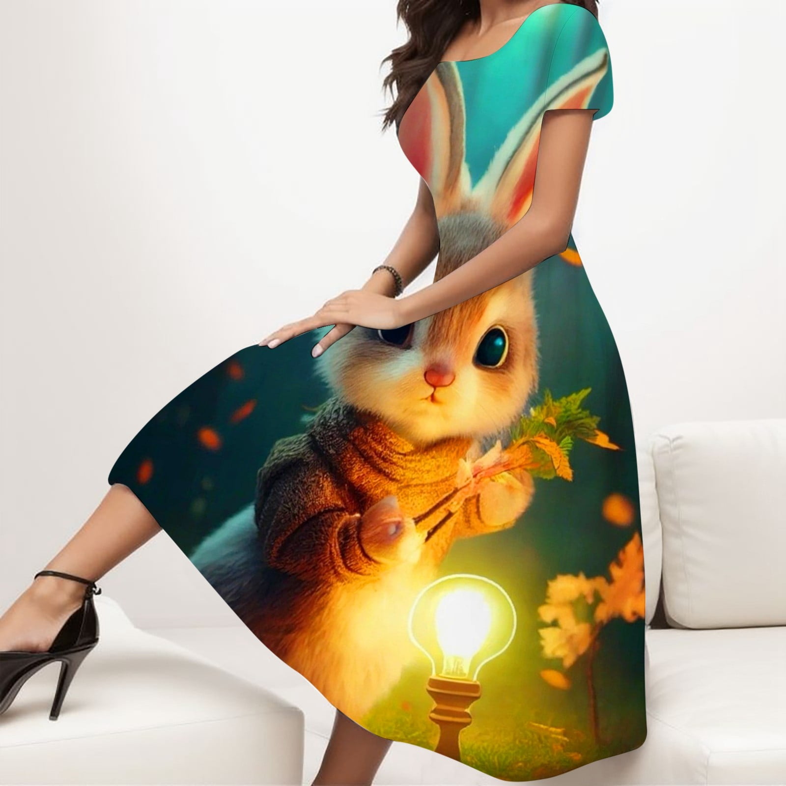 Modlily Dresses for Women Women s Casual Printed Fashion Round Collar Temperament Short Sleeve Long Dress Elegant Tank Top Dress Prints Round Neck Tank Dress Long Sleeve Solid Color Womens Tank Dress