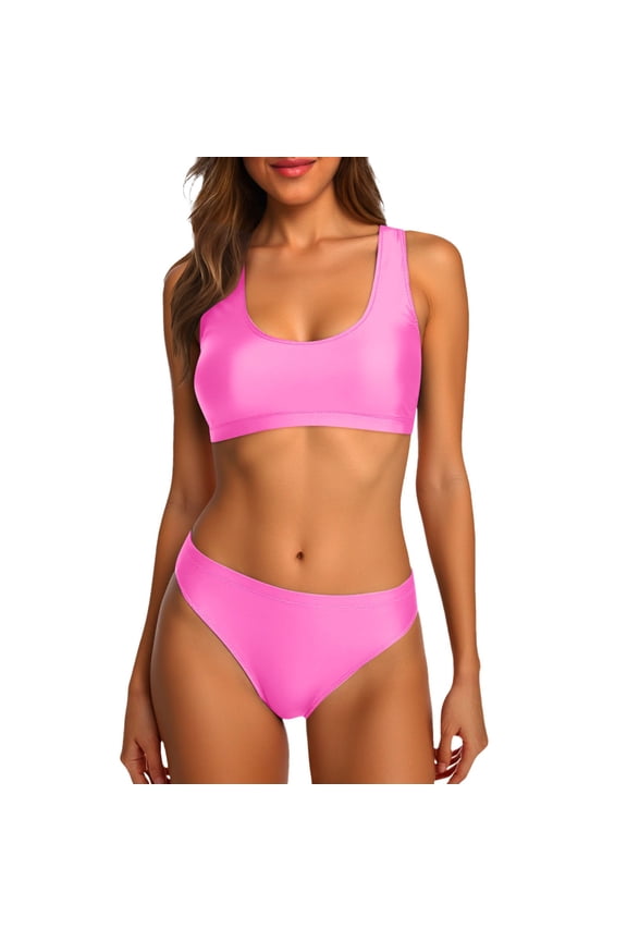 Modlily Swimwear 2 Piece Neck Crop Top High Cut Sporty High Waisted Bottoms Womens Summer Tops,Pink,S
