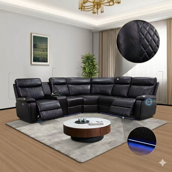Dark Breathable Semi PU Leather Living Room Left Side Recliner Multifunctional Sofa Set
