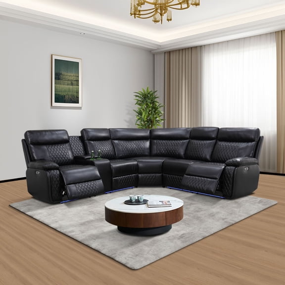 Dark Breathable Semi PU Leather Living Room Left Side Recliner Multifunctional Sofa Set with LED