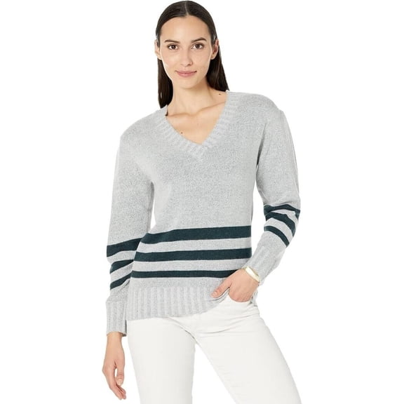 Mododoc Sweater Women Medium Gray Striped Ribbed Long Sleeve V-Neck Cozy JDM1191