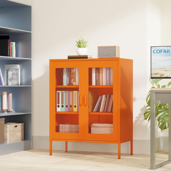 Modren Metal Storage Cabinet with Mesh Doors Design and Adjustable Shelves, Liquor Cabinet For Living Room, Dining Room, Kitchen, Bar, Salon, Easy to Clean, Built To Last, Orange