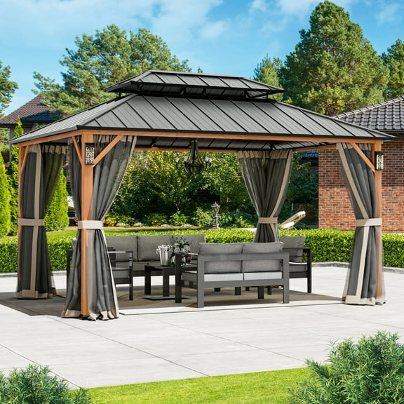Modern Shade Hardtop Gazebo 10' x 14' with 4 LED Lights, Permanent Gazebo with Double Galvanized Steel Roof for Outdoor Backyard, Brown
