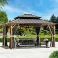 thumbnail image 1 of Modern Shade Hardtop Gazebo 12' x 14' with 4 LED Lights, Permanent Gazebo with Double Galvanized Steel Roof for Outdoor Backyard, Brown, 1 of 8
